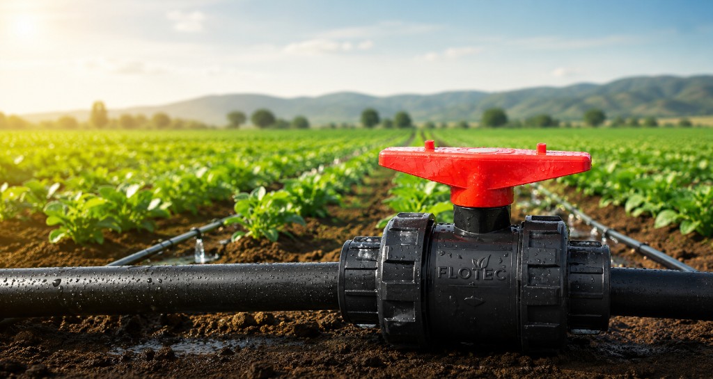 FLOTEC ball valve with red handle on irrigation pipe in a field