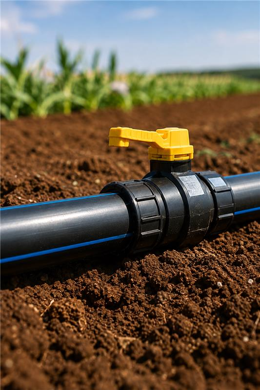 Yellow-handle ball valve on a black field line in crop soil