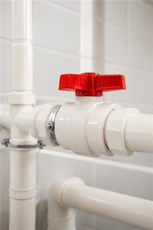 CPVC ball valve with red lever handle on a white pipe run
