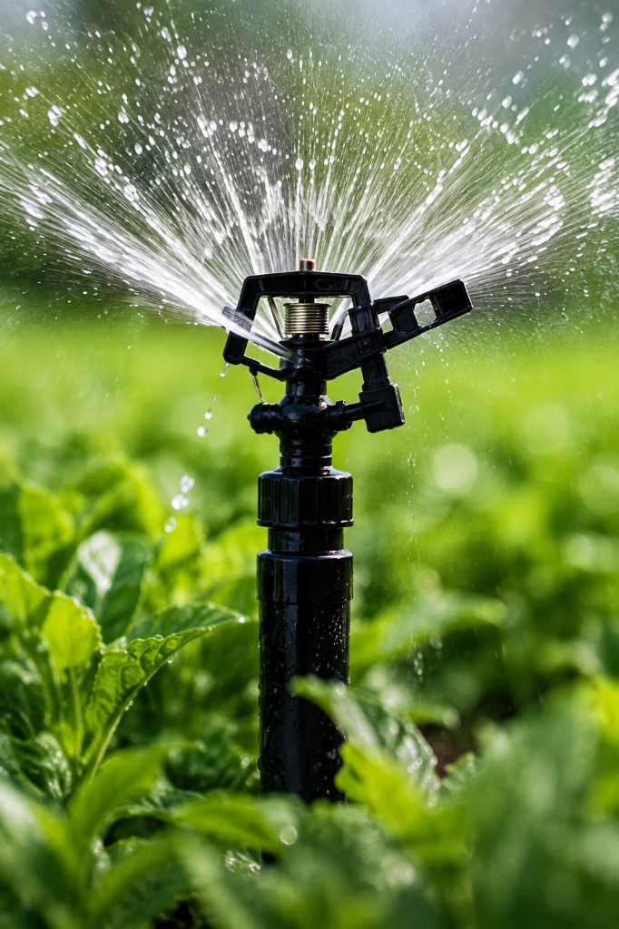 Impact sprinkler head spraying water across a green field