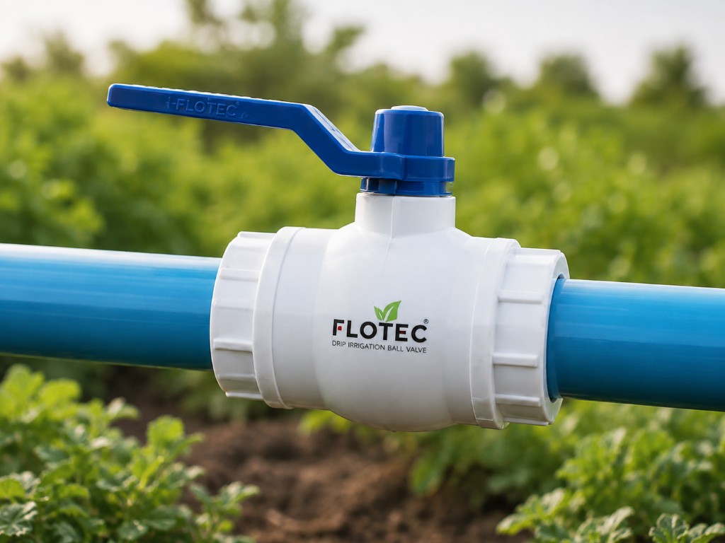 White FLOTEC ball valve with a blue handle joined into a blue pipe line in a field