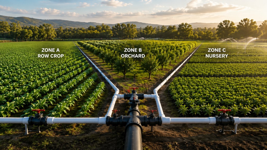 Irrigation field divided into three zones with pipe branching from a main line